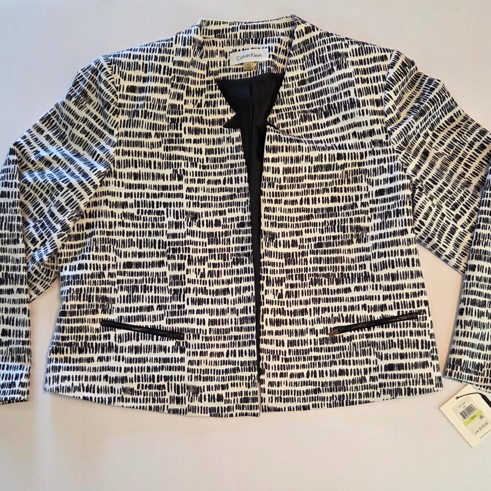 Calvin Klein Open Front Lined Blazer, 18W, Black & White Print, Zippered Pockets
